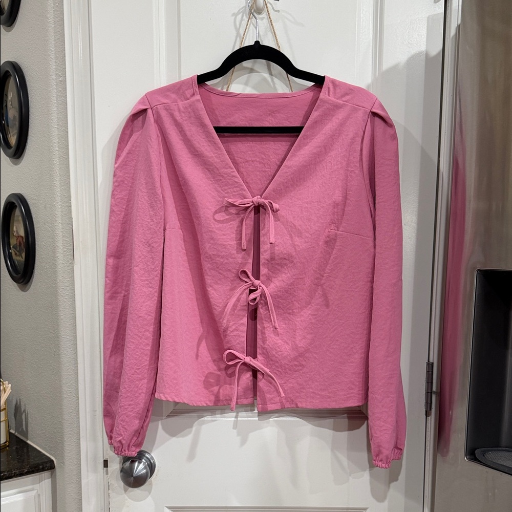 Pink Tie-Front Long Sleeve Top